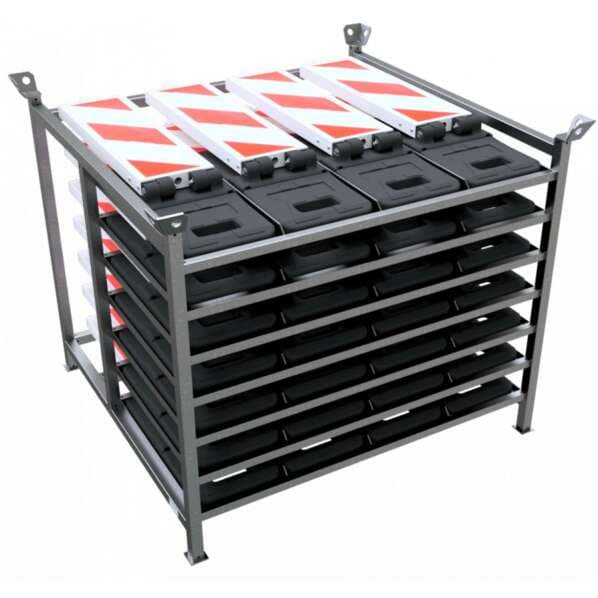 Klappbaken SET inklusive Lager- & Transportpalette 28 Klappbaken - schraffiert - mit rot/weißer Bakenfolie