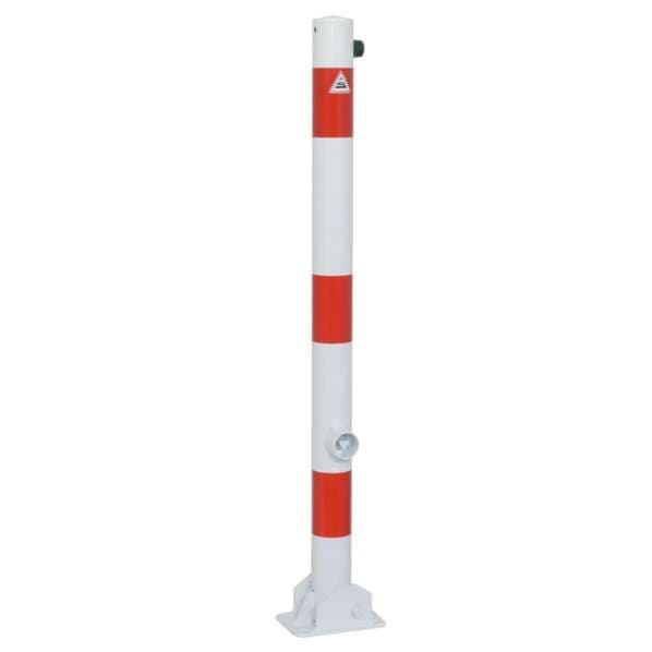Absperrpfosten Stahlrohr Ø 60 mm  rot / weiß beschichtet - mit 2 Ösen - für Dübelbefestigung mit Bodenplatte 100 x 150 mm 