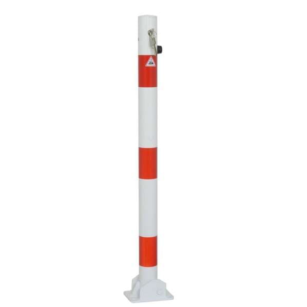 Absperrpfosten Stahlrohr Ø 60 mm rot / weiß beschichtet - mit 2 Ösen - für Dübelbefestigung mit Bodenplatte 100 x 150 mm