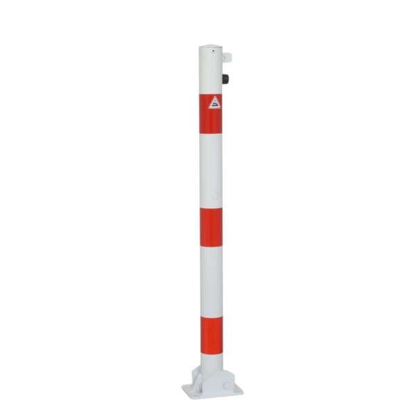 Absperrpfosten Stahlrohr Ø 60 mm rot / weiß beschichtet - mit 2 Ösen - für Dübelbefestigung mit Bodenplatte 100 x 150 mm