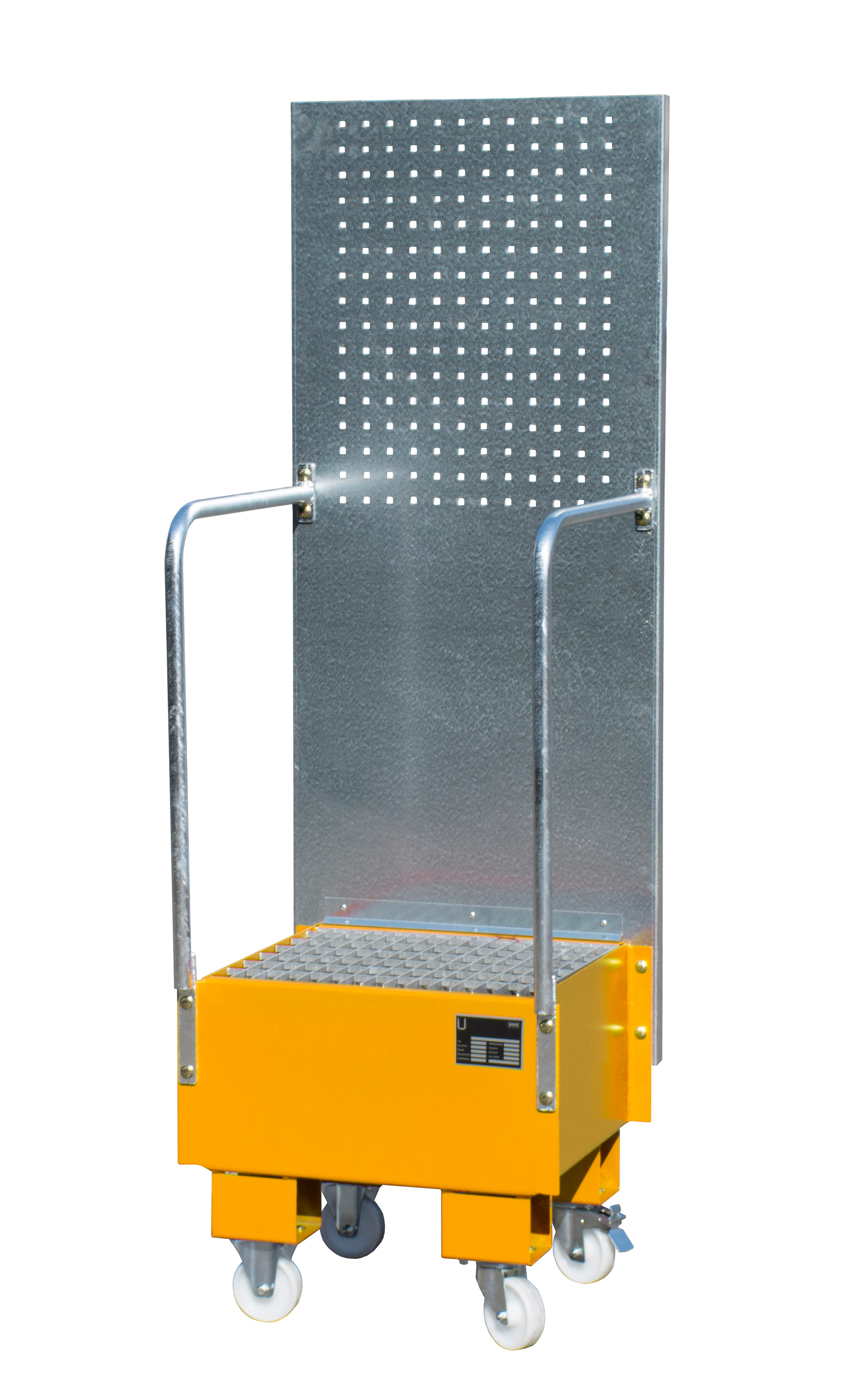 1 - Auffangwannen Fahrbare Auffangwanne mit Lochplattenwand LPW 60-1, 60 l, lackiert, RAL 2000 Gelborange