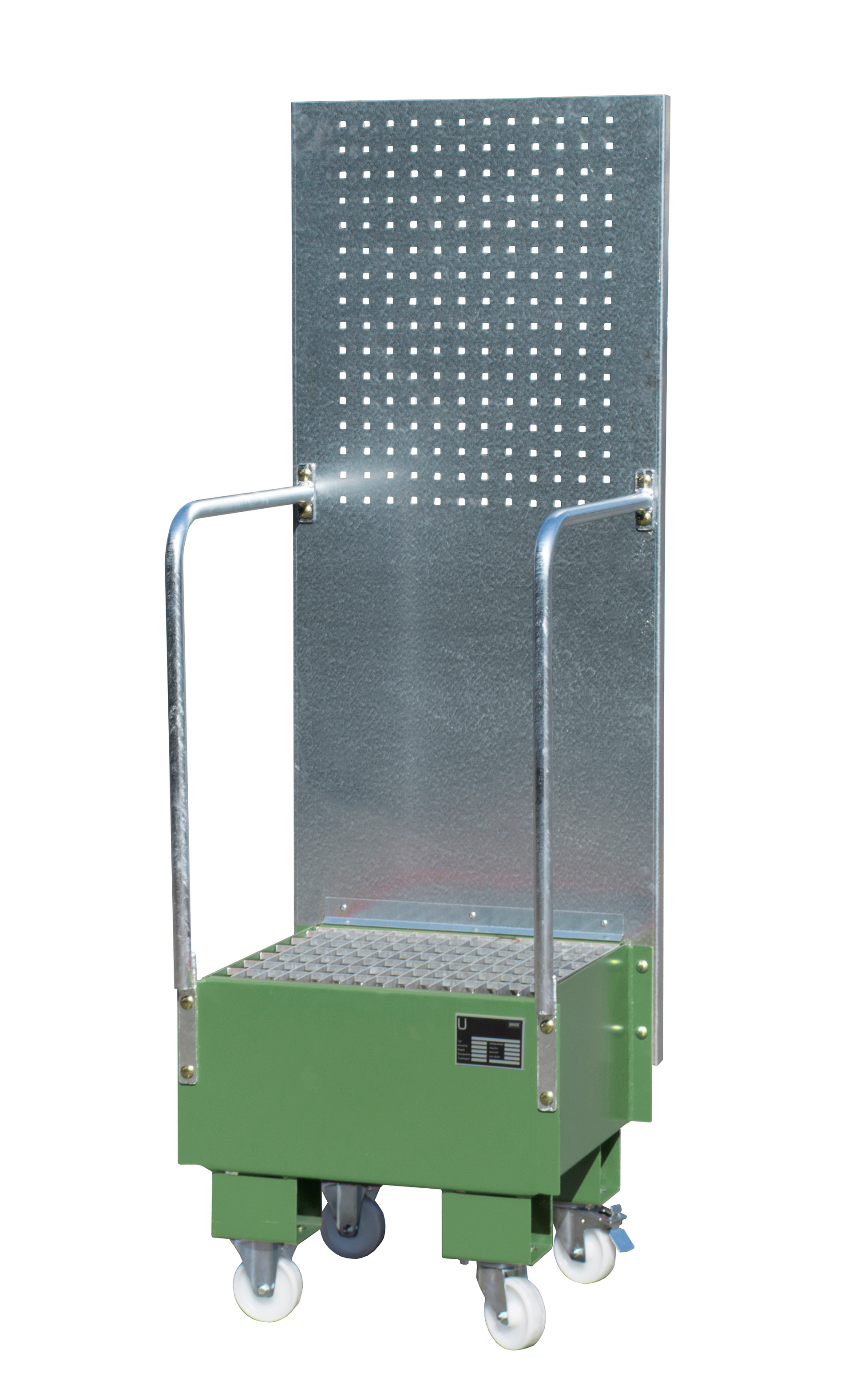 1 - Auffangwannen Fahrbare Auffangwanne mit Lochplattenwand LPW 60-1, 60 l, lackiert, RAL 6011 Resedagrün