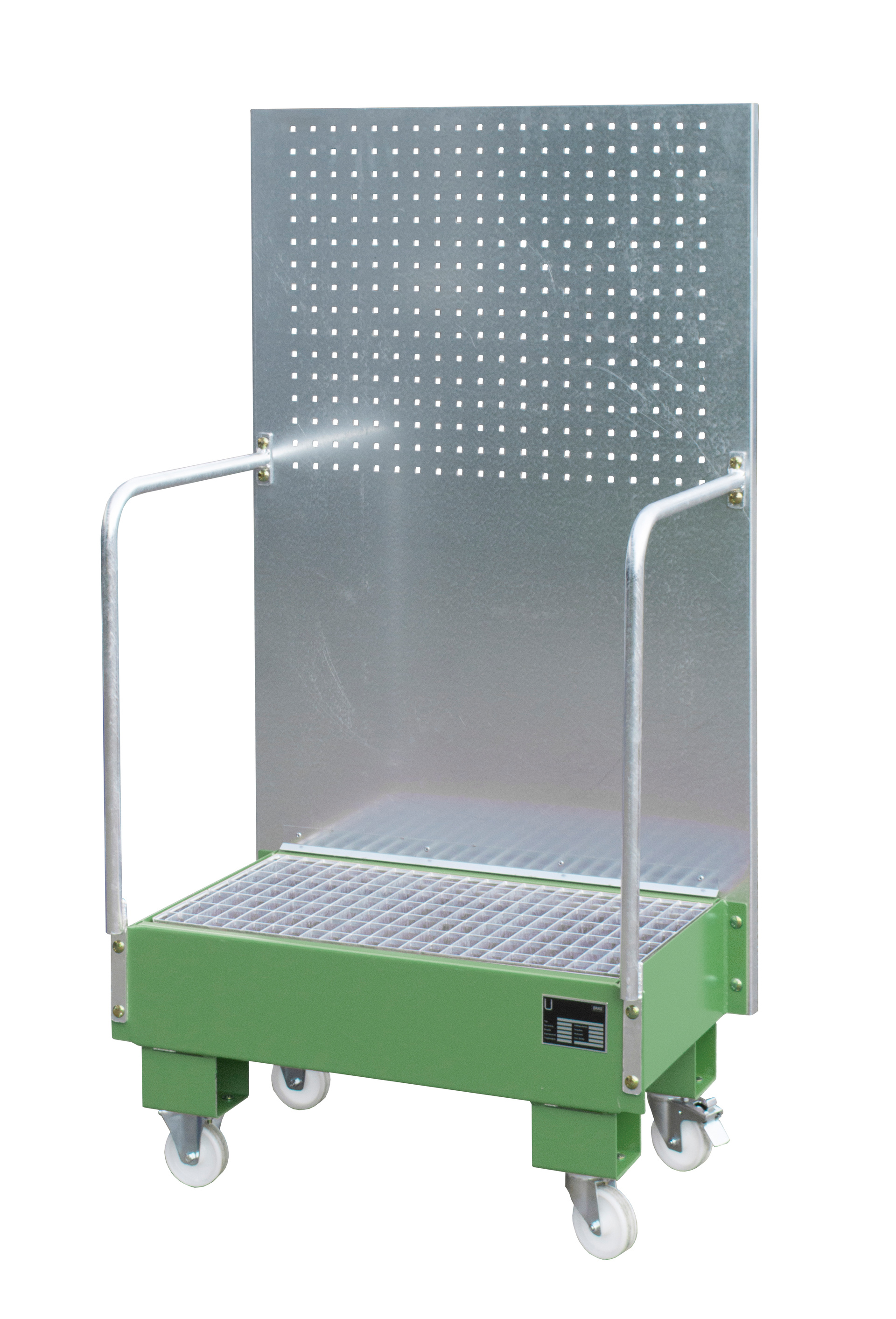 1 - Auffangwannen Fahrbare Auffangwanne mit Lochplattenwand LPW 60-2, 60 l, lackiert, RAL 6011 Resedagrün