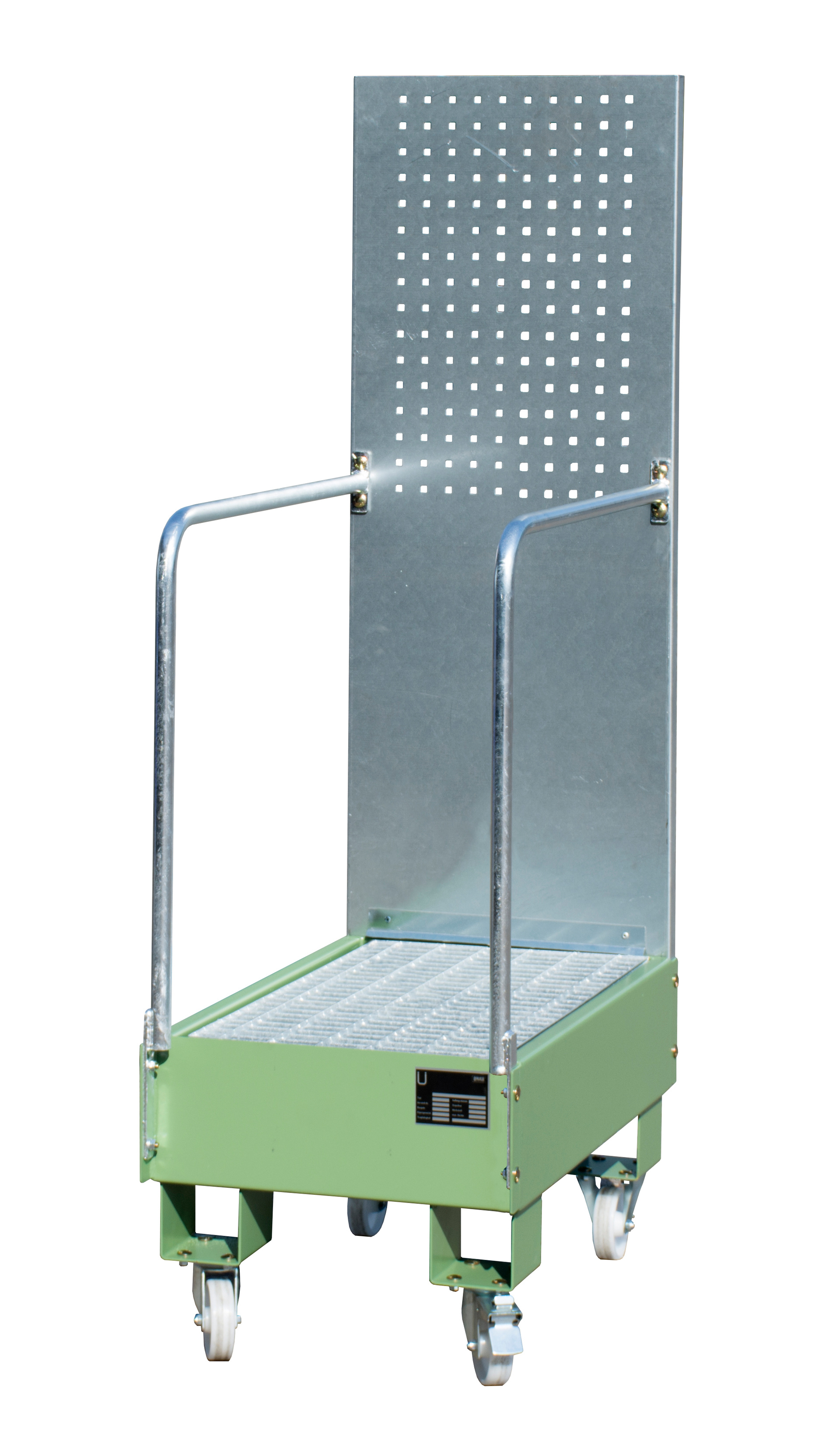 1 - Auffangwannen Fahrbare Auffangwanne mit Lochplattenwand LPW 60-3, 60 l, lackiert, RAL 6011 Resedagrün