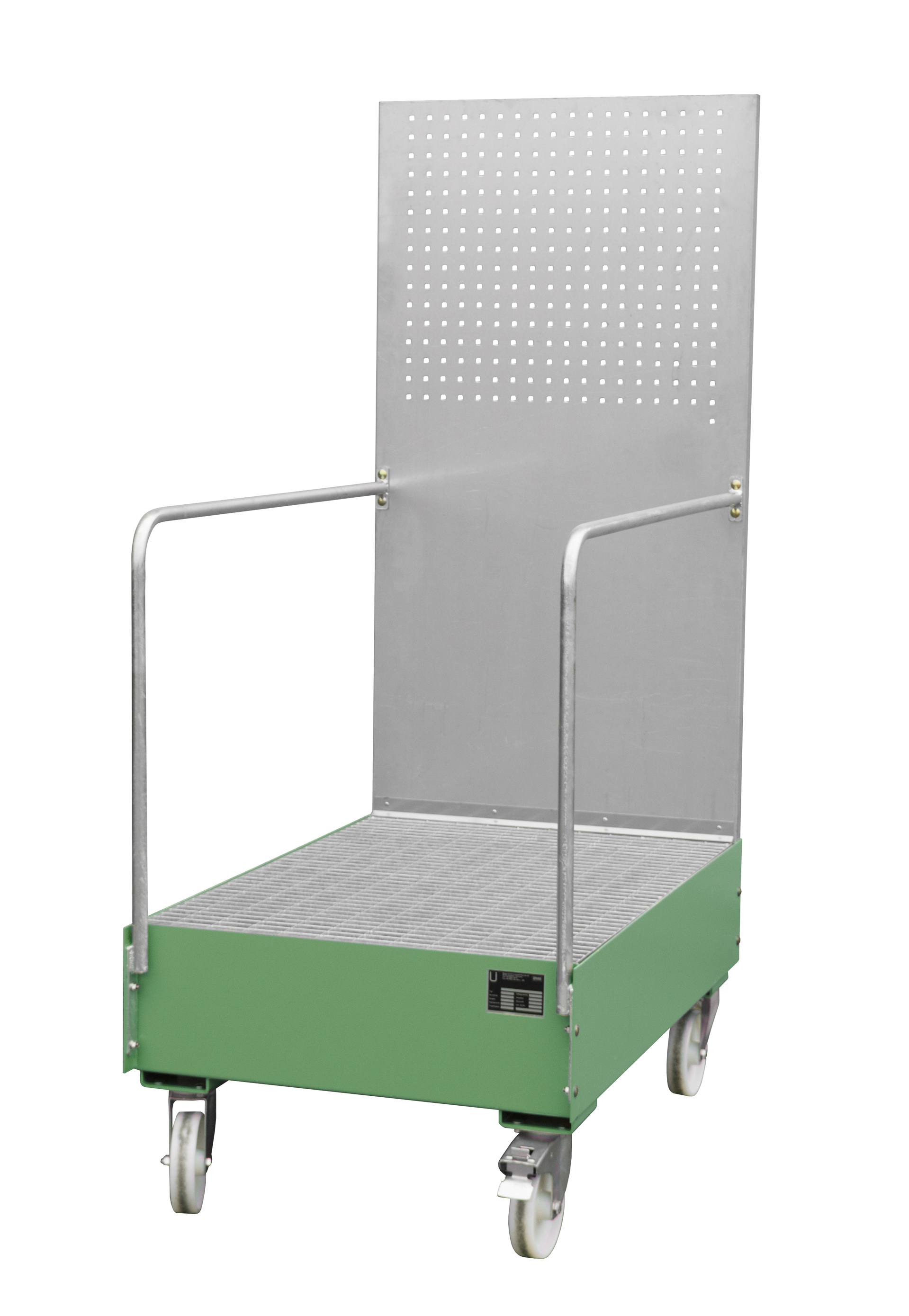 1 - Auffangwannen  Fahrbare Auffangwanne mit Lochplattenwand LPW 200-3, 215 l, lackiert, RAL 6011 Resedagrün