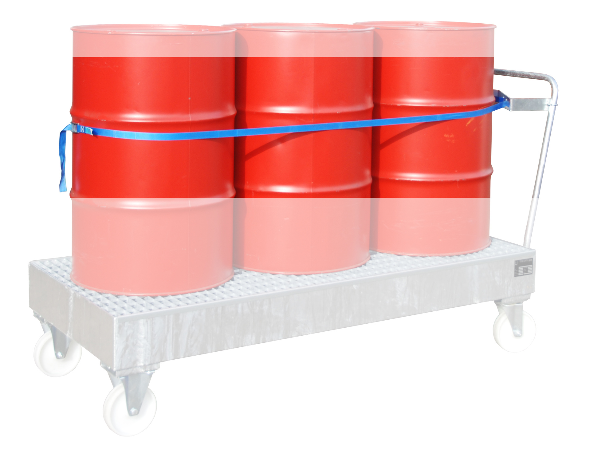 1 - Zubehör für Umwelt-Lagertechnik  Fasshalterung mit Spanngurt für 3 x 200 Liter Fässer