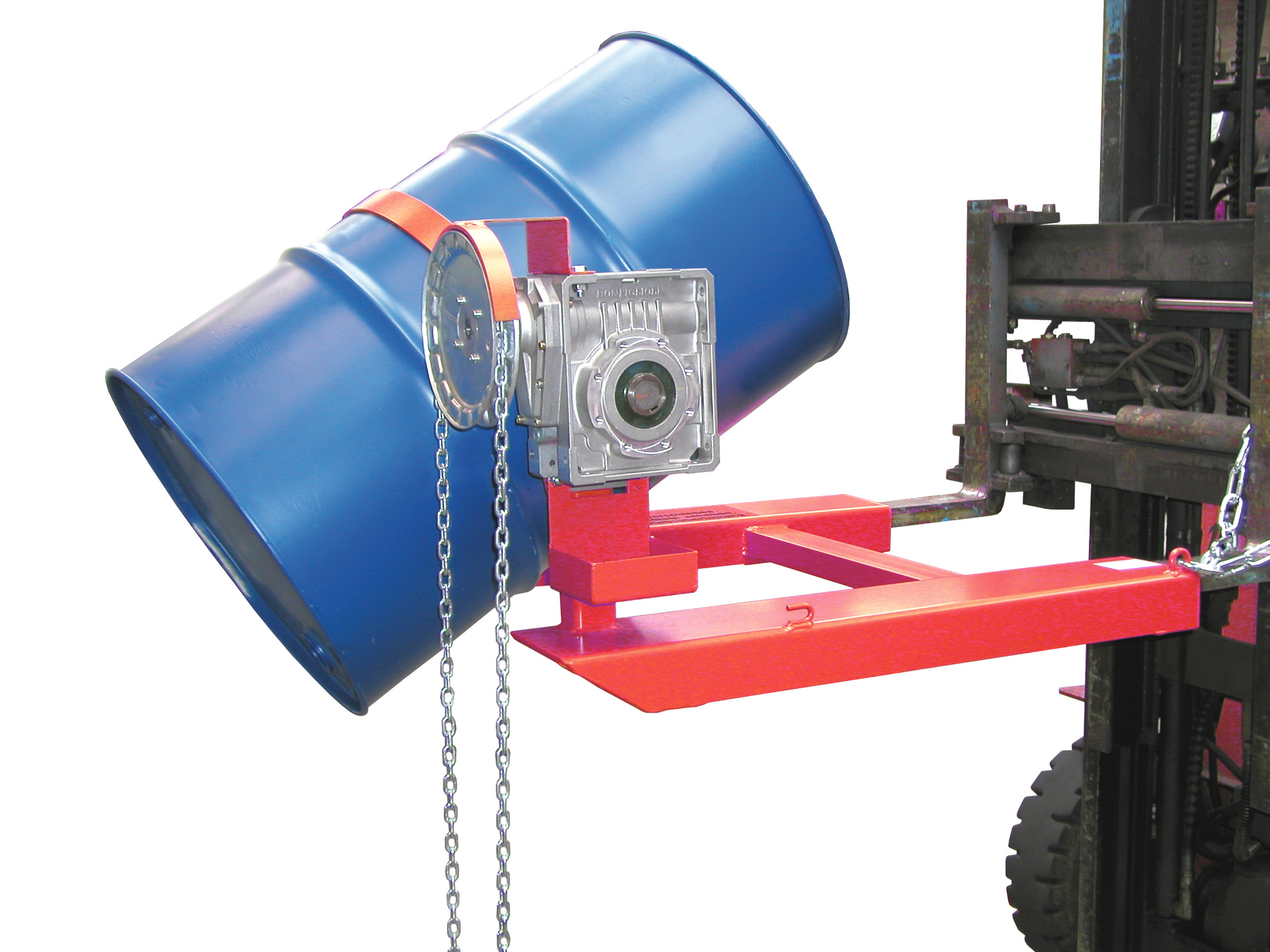 1 - Fass-Handling für Stapler-Anbaugeräte  Fasskipper FD-K, lackiert, RAL 3000 Feuerrot