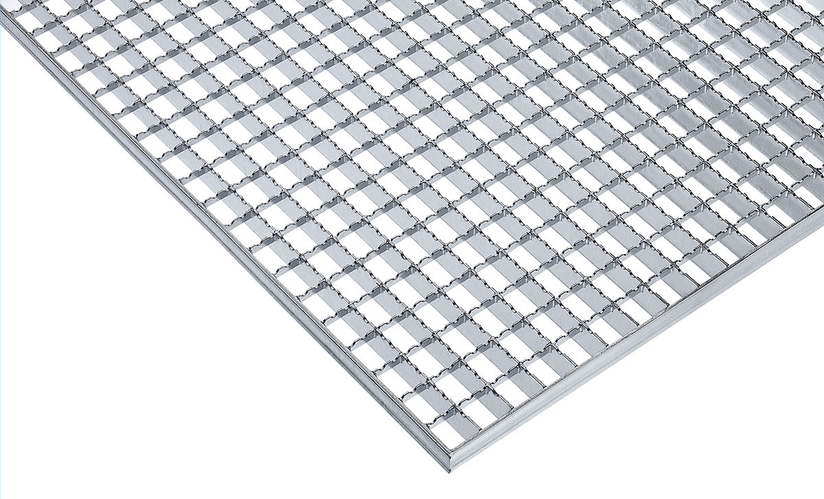 1 - Pressrost-Stufen Pressrost-Stufen, Stahl S235JR, Maschenweite 30 x 30, verzinkt, rutschhemmend, Trag- u. Füllstäbe gekerbt (R12)  XP 40 x 3 / 33 x 33 (TS) 1200mm x (QS) 305mm