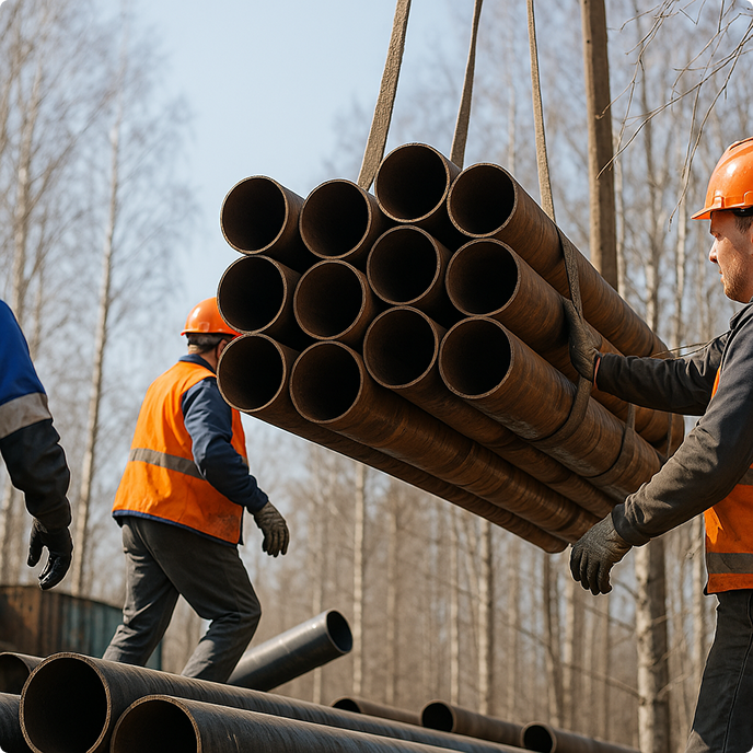 Workers lifting steel pipes at a construction site, highlighting industrial procurement in action.